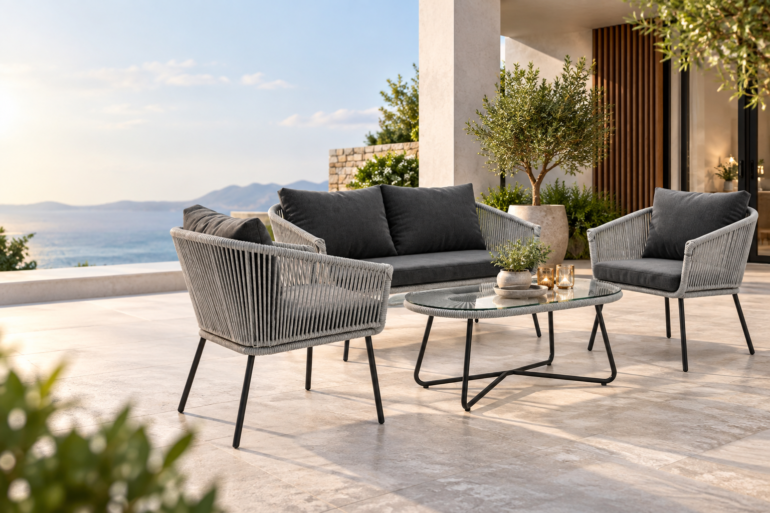 Custom lounge seating set built by Hammered Furniture, shown in a finished setting